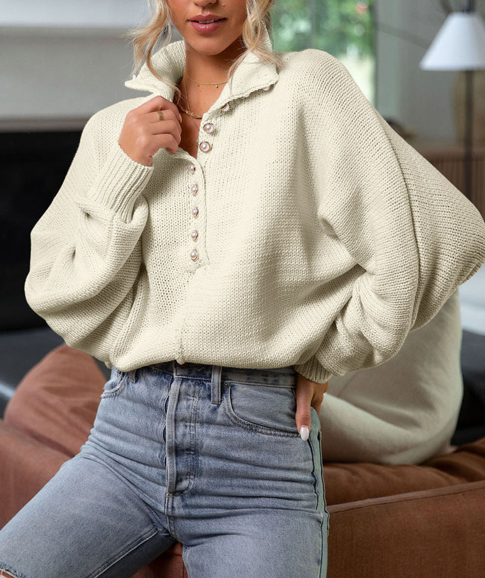 Pearl Button Stand Collar Dolman Sleeve Sweater