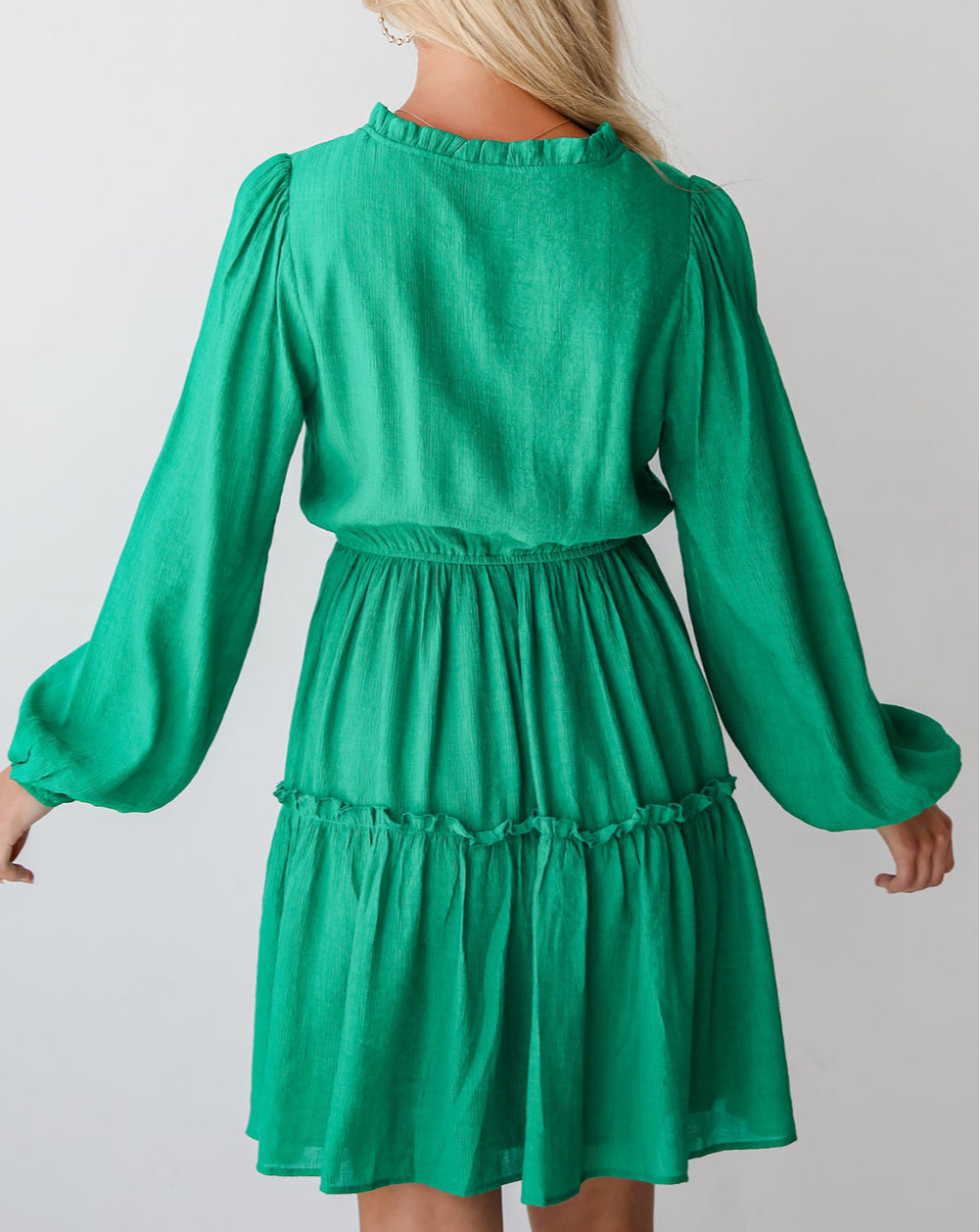 V Neck Puff Sleeve Drawstring Shift Mini Dress