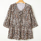 Leopard Print Lace-up Ruffled 3/4 Sleeve Plus Size Blouse