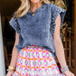 Acid Wash Pearl Embellishments O-neck Denim Top