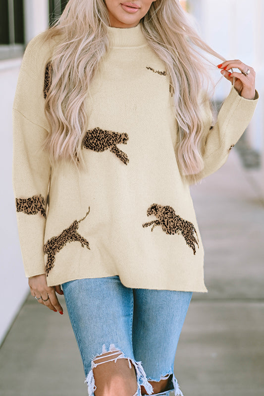 Cheetah Print High Neck Split Hem Sweater