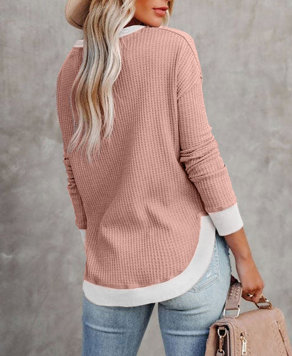 Contrast Trim Strappy Neck Long Sleeve Top