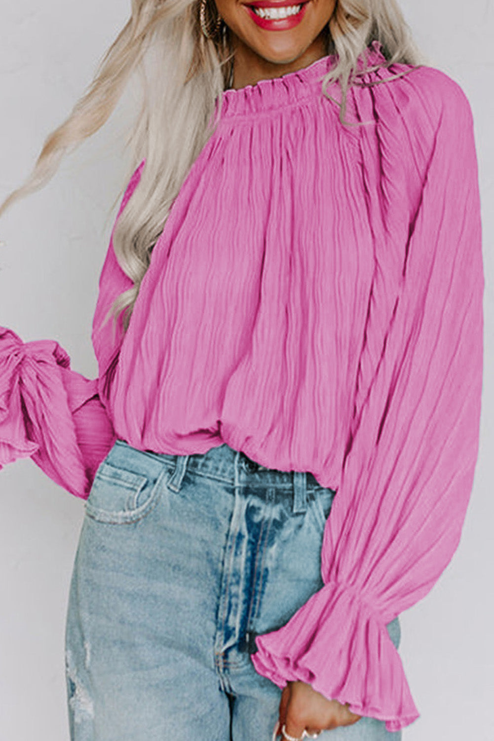 Striking Pleated Flared Cuff Long Sleeve Blouse
