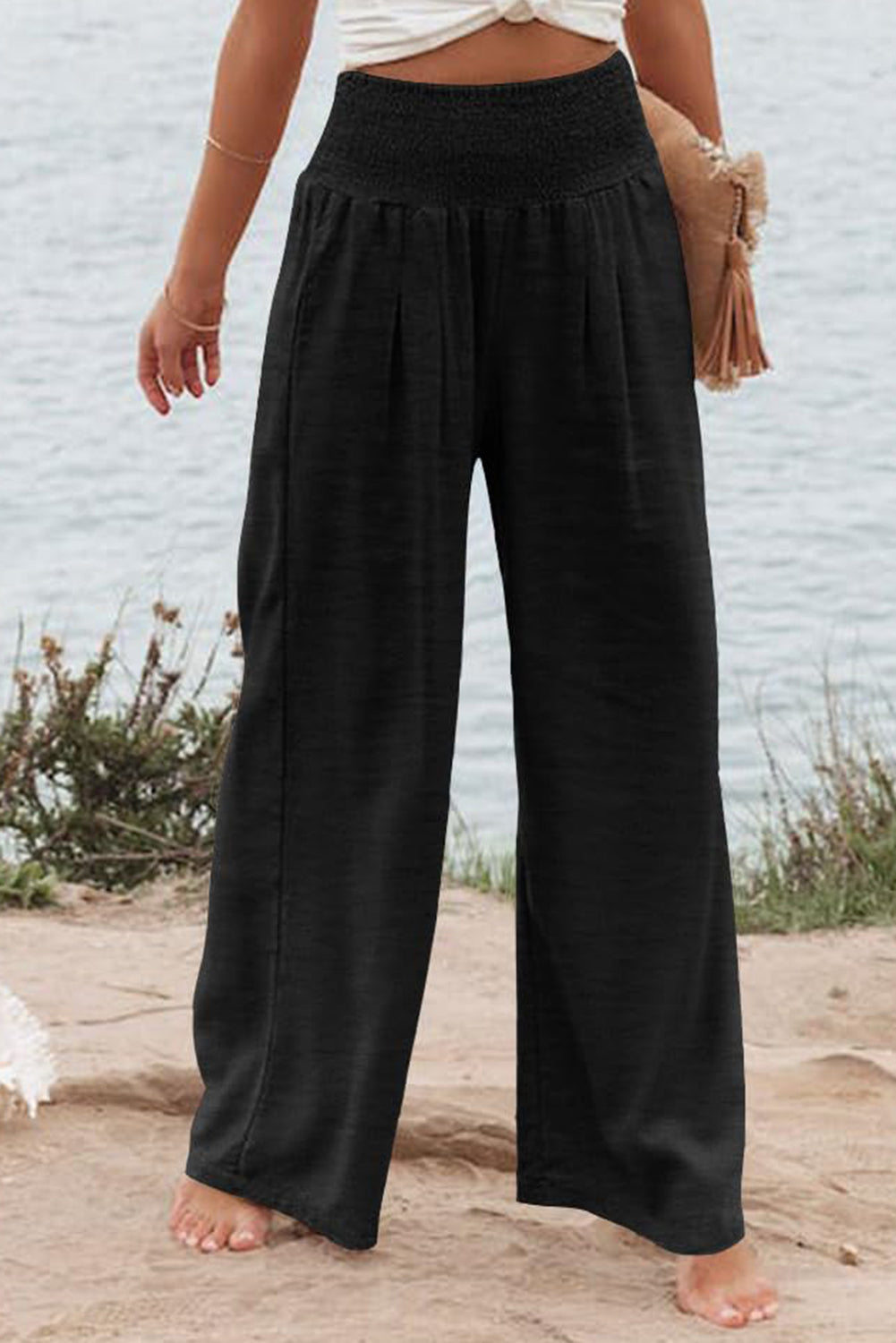 Shirred High Waist Plus Size Wide Leg Pants