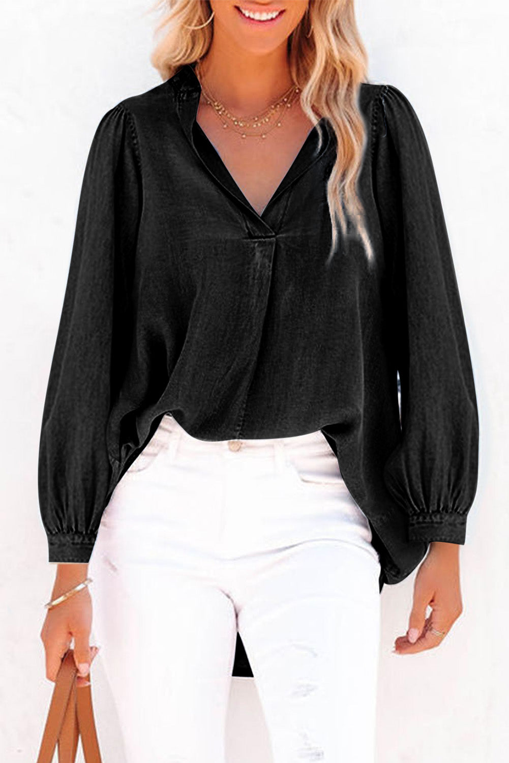 Balloon Sleeve Slit V-Neck Denim Top