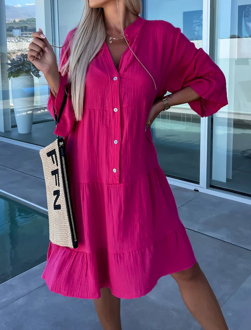 Crinkled Tiered Split Neck Shirt Dress