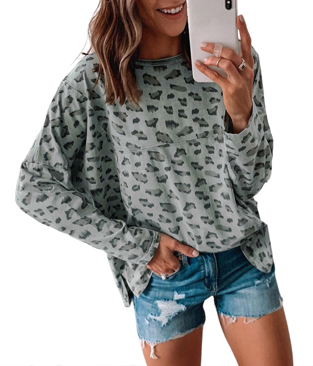 Animal Print Stitching Loose Long Sleeve Top
