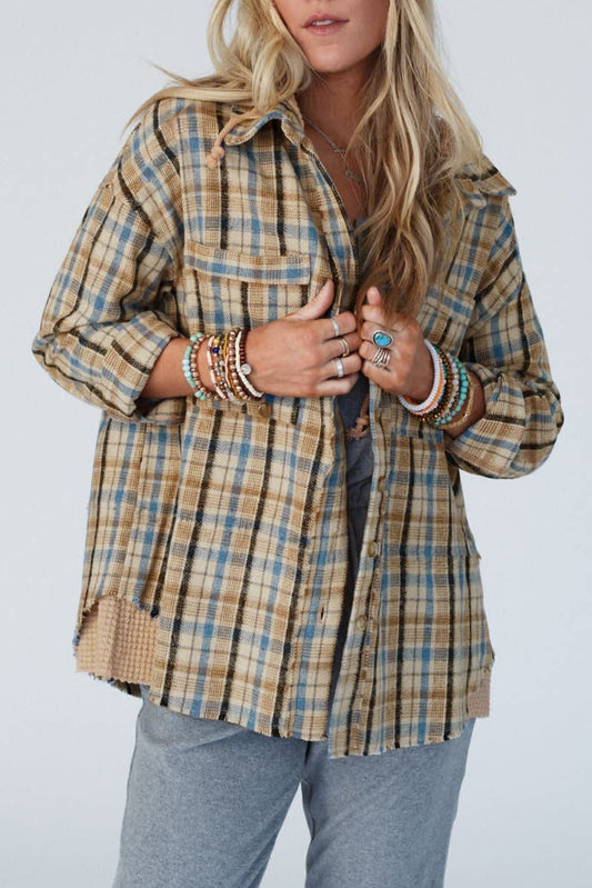 Waffle Knit Patchwork Hooded Plaid Shacket