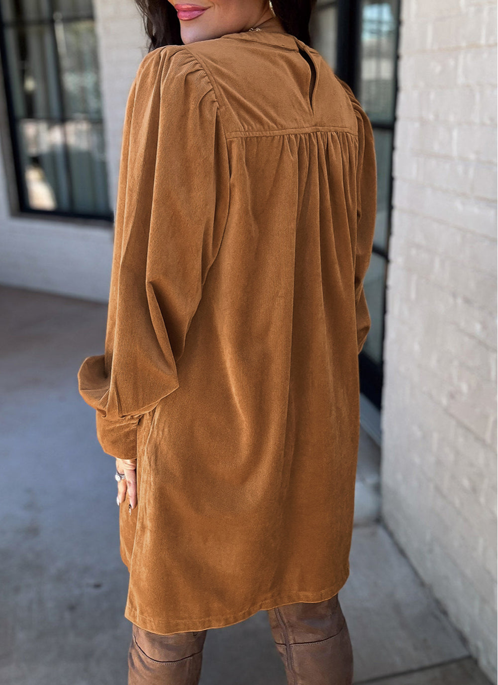 Corduroy Pleated Puff Sleeve Shift Short Dress