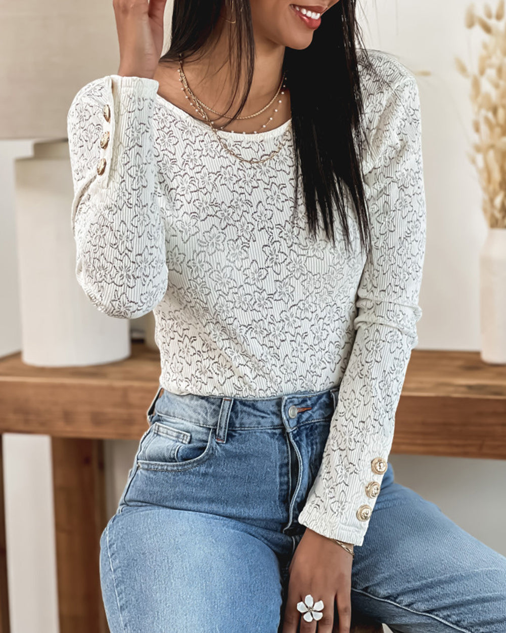 Cuffed Long Sleeve Lace Top