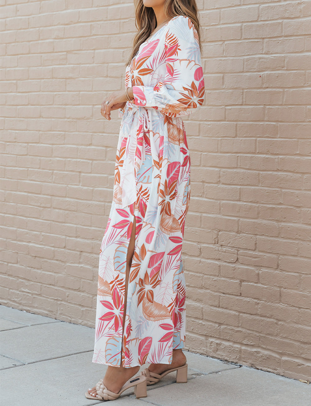 Tropical Plant Print Long Sleeve Wrap V-Neck Slit Maxi Dress