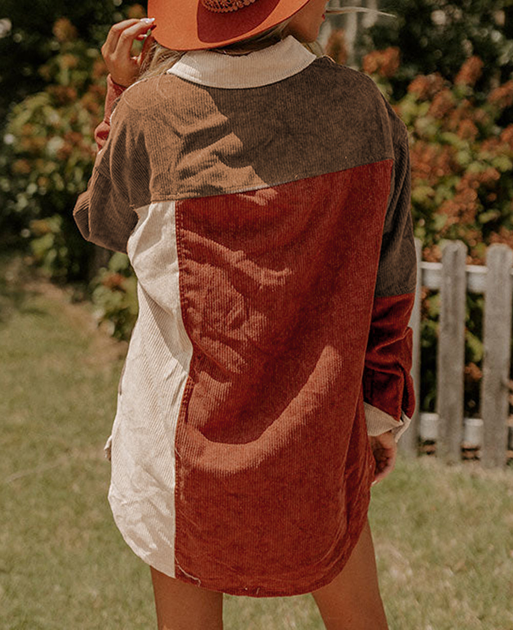 Colorblock Curved Hem Corduroy Shacket with Pocket