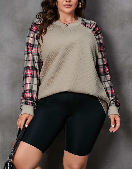 Plus Size Plaid Raglan Sleeve Crew Neck Sweatshirt
