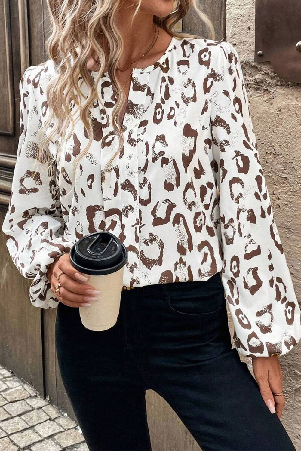 Leopard Print Split Neck Balloon Sleeve Blouse