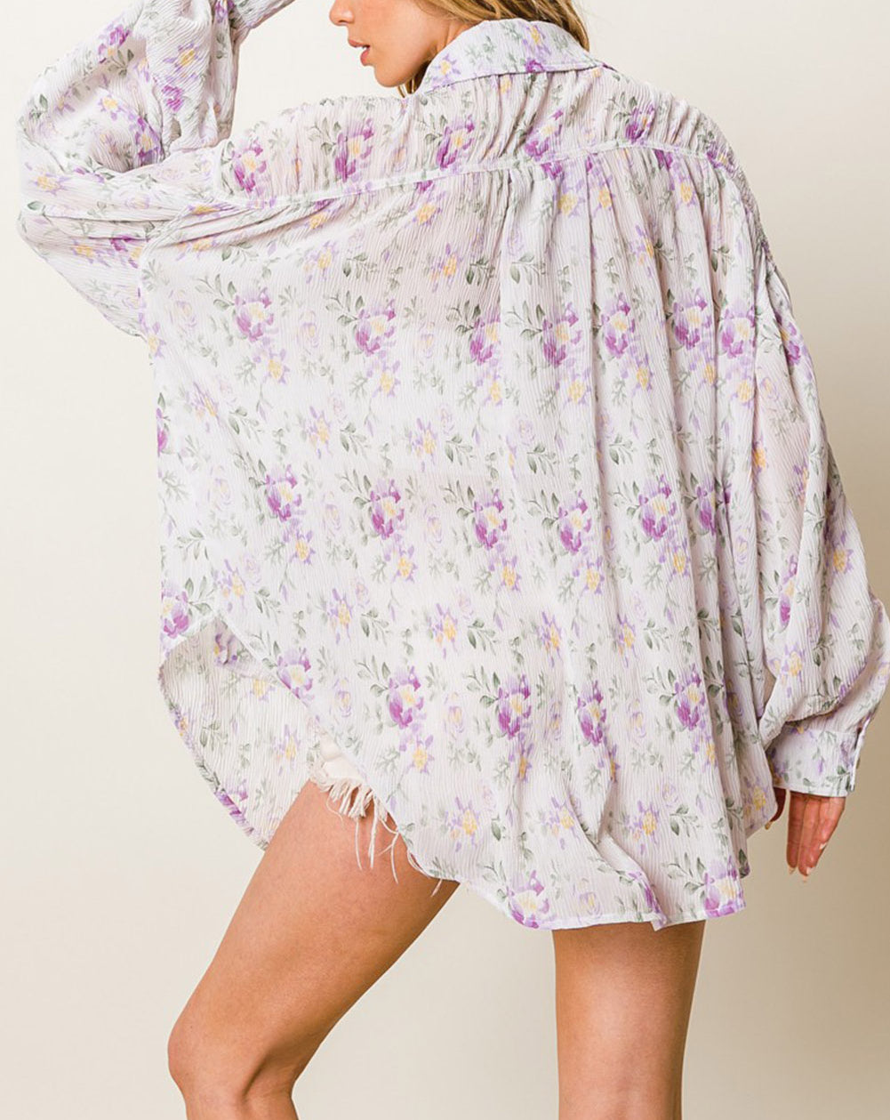 Purple Floral Print Pleated Flap Pocket Shirt