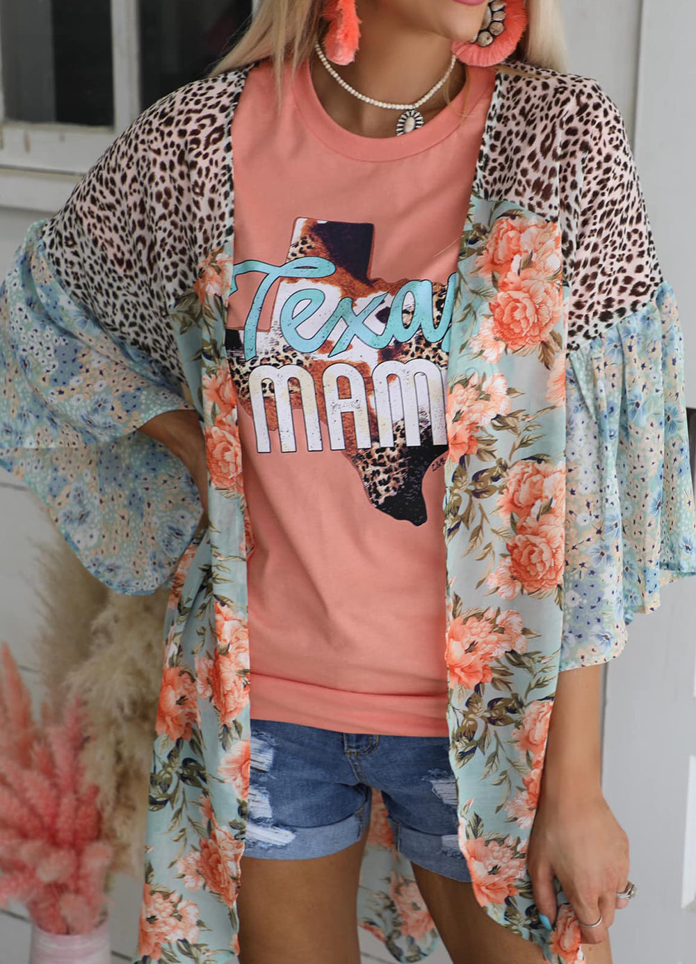 Leopard Floral Mixed Print Wide Sleeves Kimono