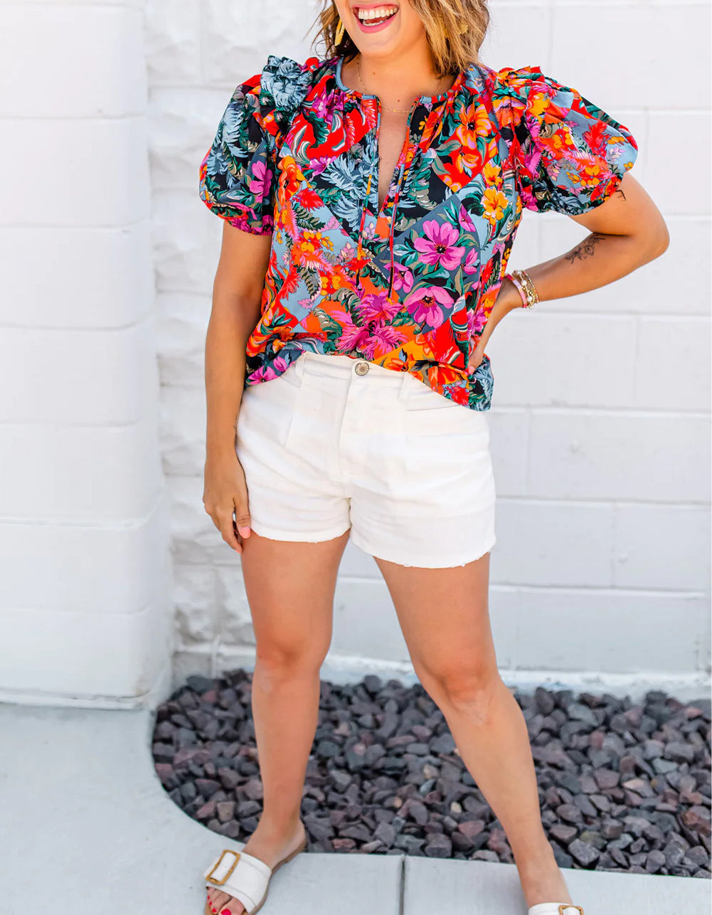 Floral Print Ruffle Trim Bubble Sleeve Split Neck Blouse