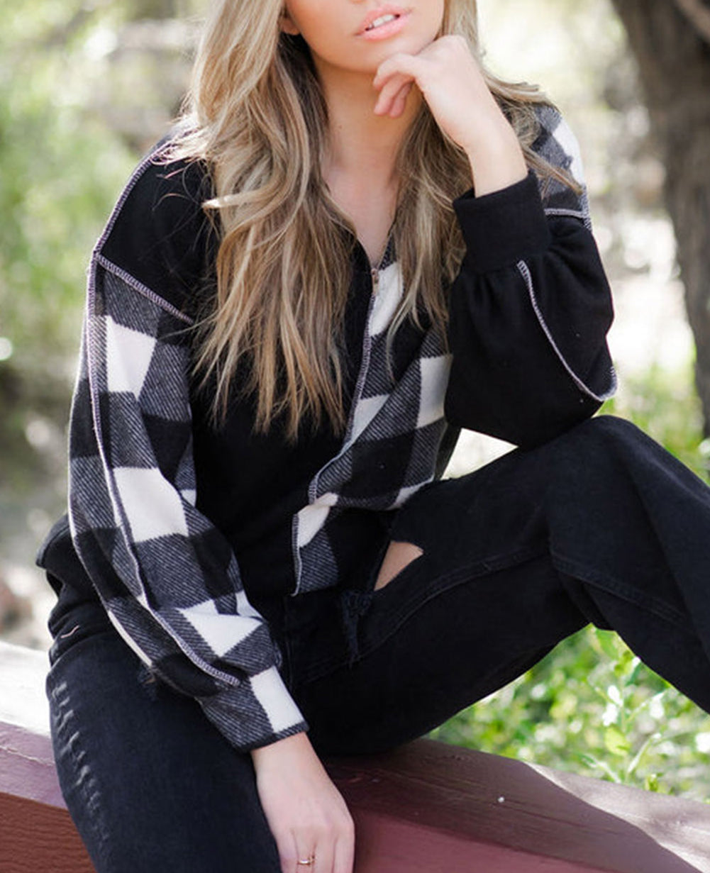 Checkboard Patchwork Exposed Stitching Collared Top