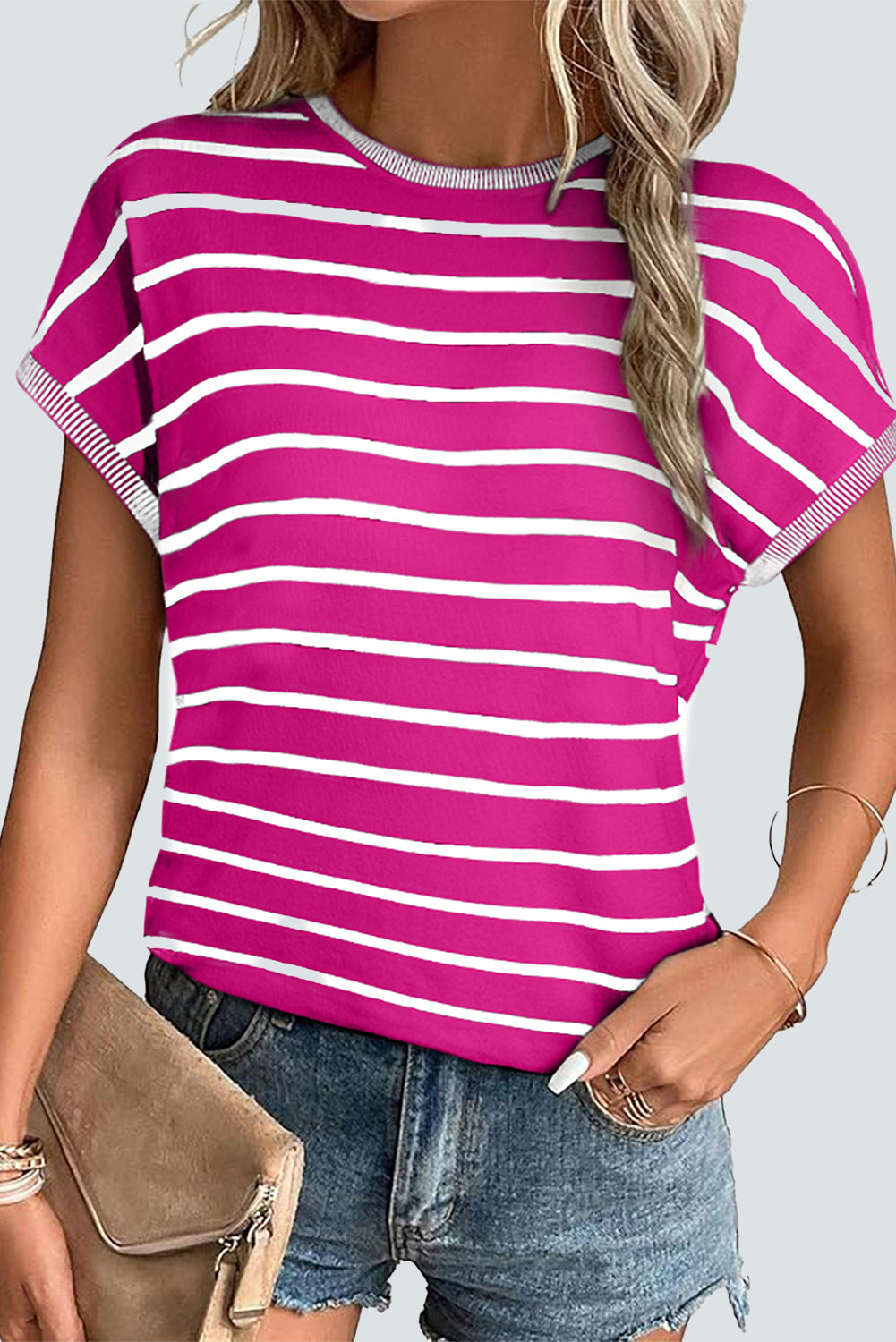 Stripe Knitted Bat Sleeve T Shirt