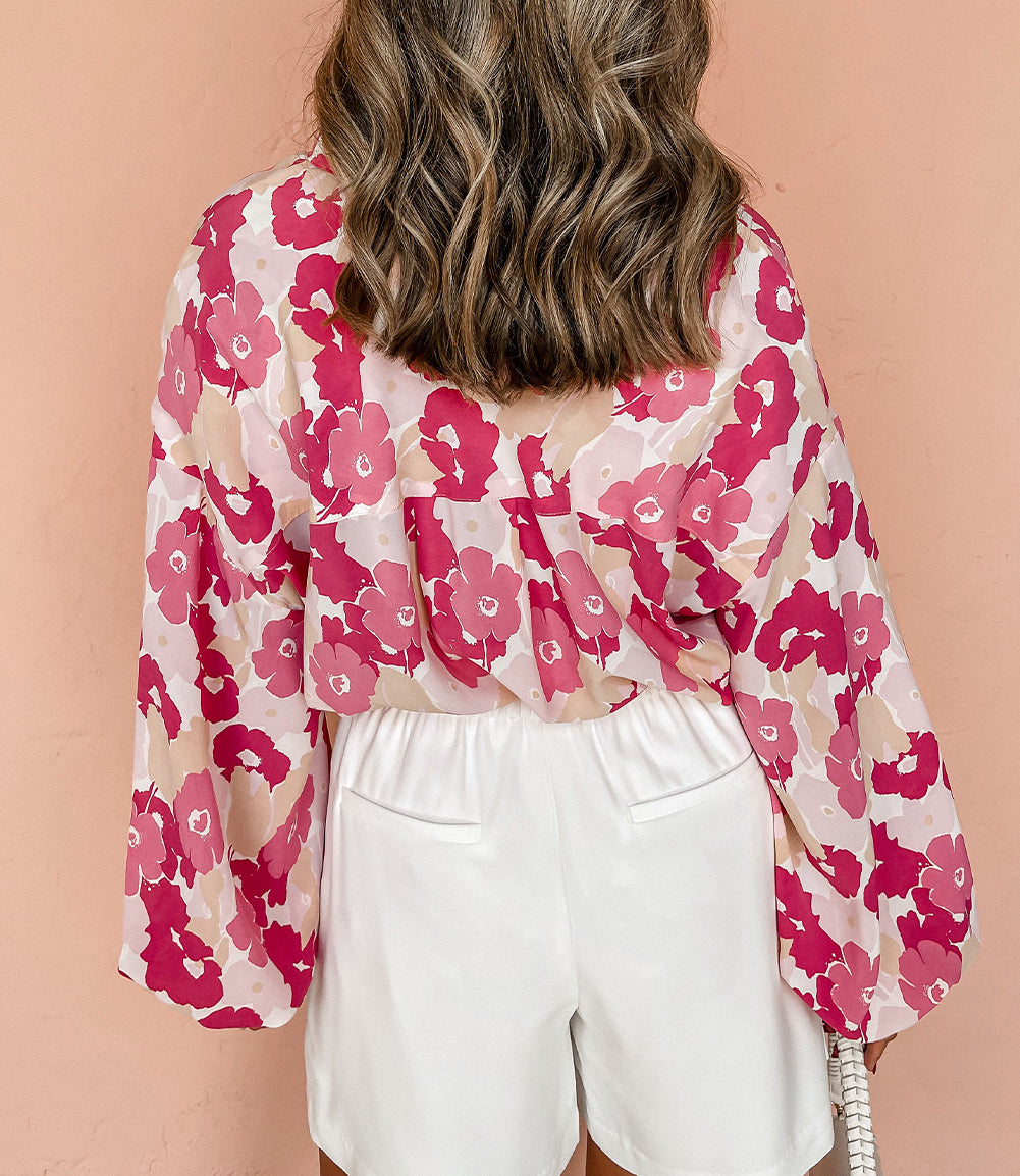Blooming Floral Print Puff Sleeve Buttoned Shirt