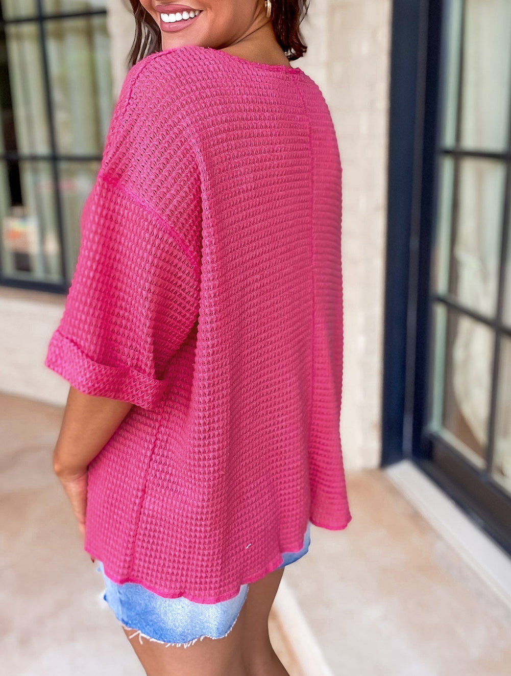 Textured Knit Split Neck Cuffed Short Sleeve Top