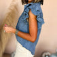 Button Front Ruffled Flutter Frayed Denim Top
