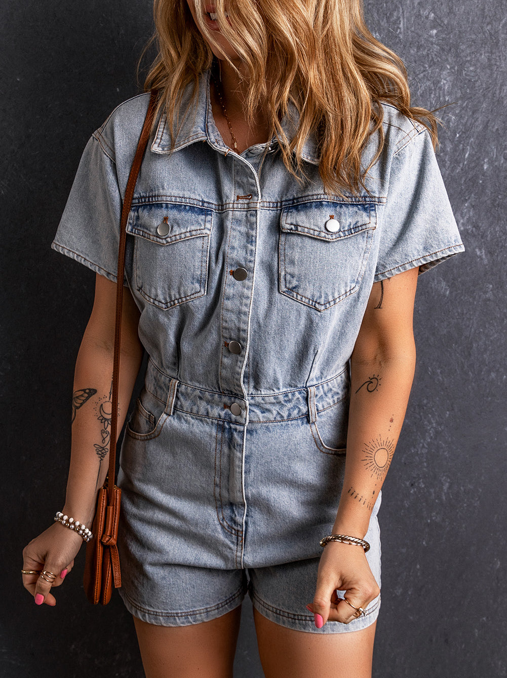 Vintage Washed Buttons Pocketed Denim Romper