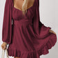Red Plain Ruffled High Waist Square Neck Mini Dress