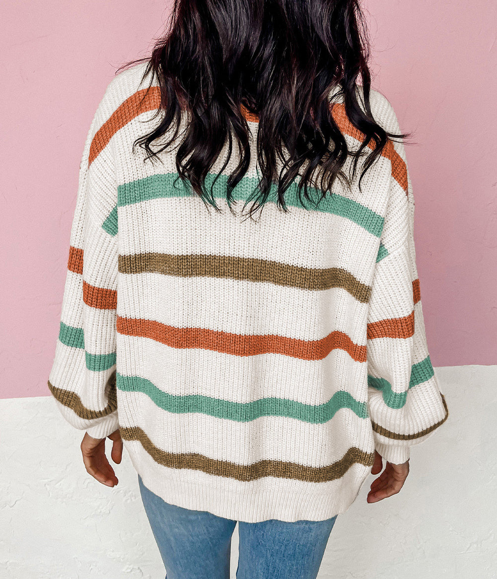 Drop Shoulder Pocketed Stripe Sweater Cardigan