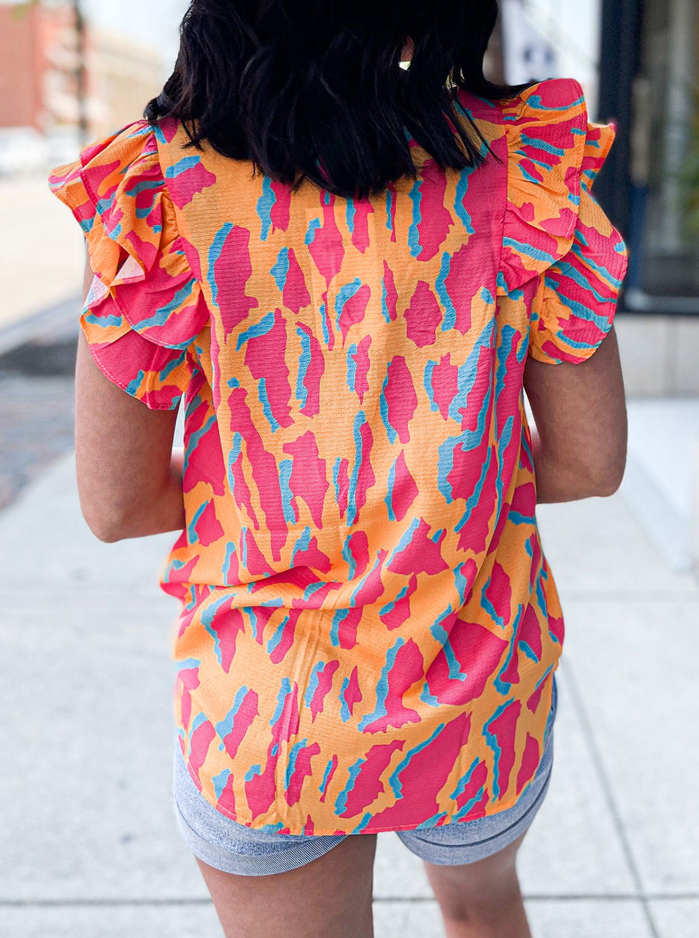 Abstract Print V Neck Ruffled Sleeve Blouse