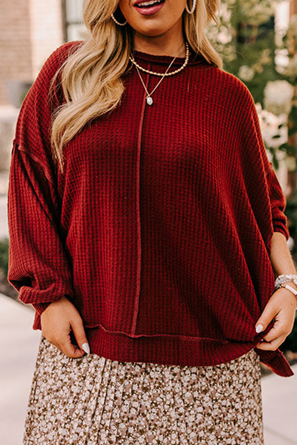 Exposed Seam Detail Waffle Knit Plus Size Top
