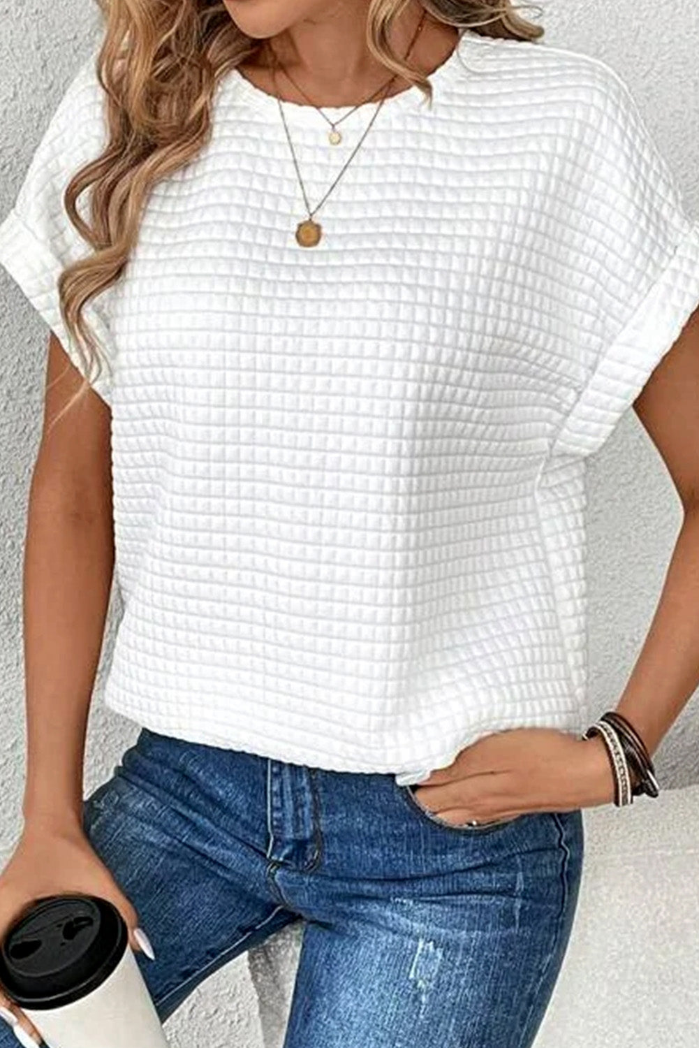 Checkered Textured Bat Sleeve T Shirt