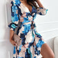 Abstract Floral Long Sleeve Tied Ruffle Dress