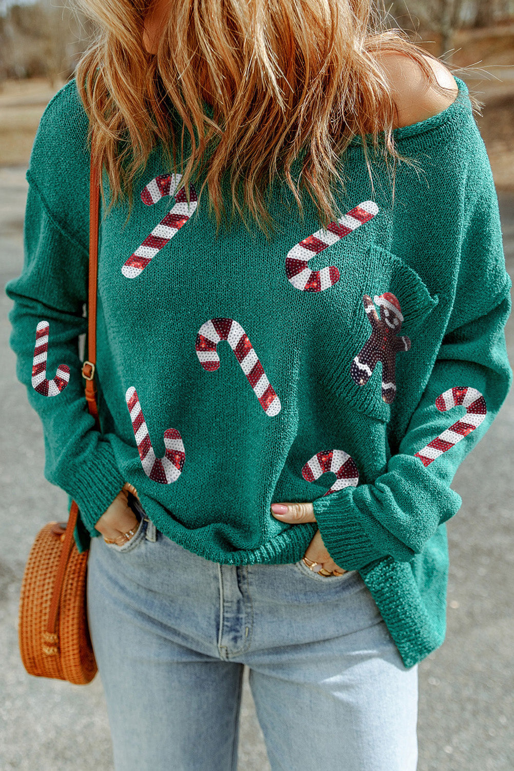 Sequined Candy Canes Gingerbread Man Sweater