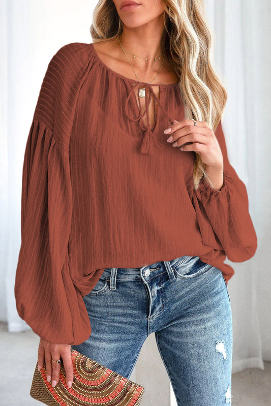Lantern Sleeve Stripe Tassel Drawstring Blouse