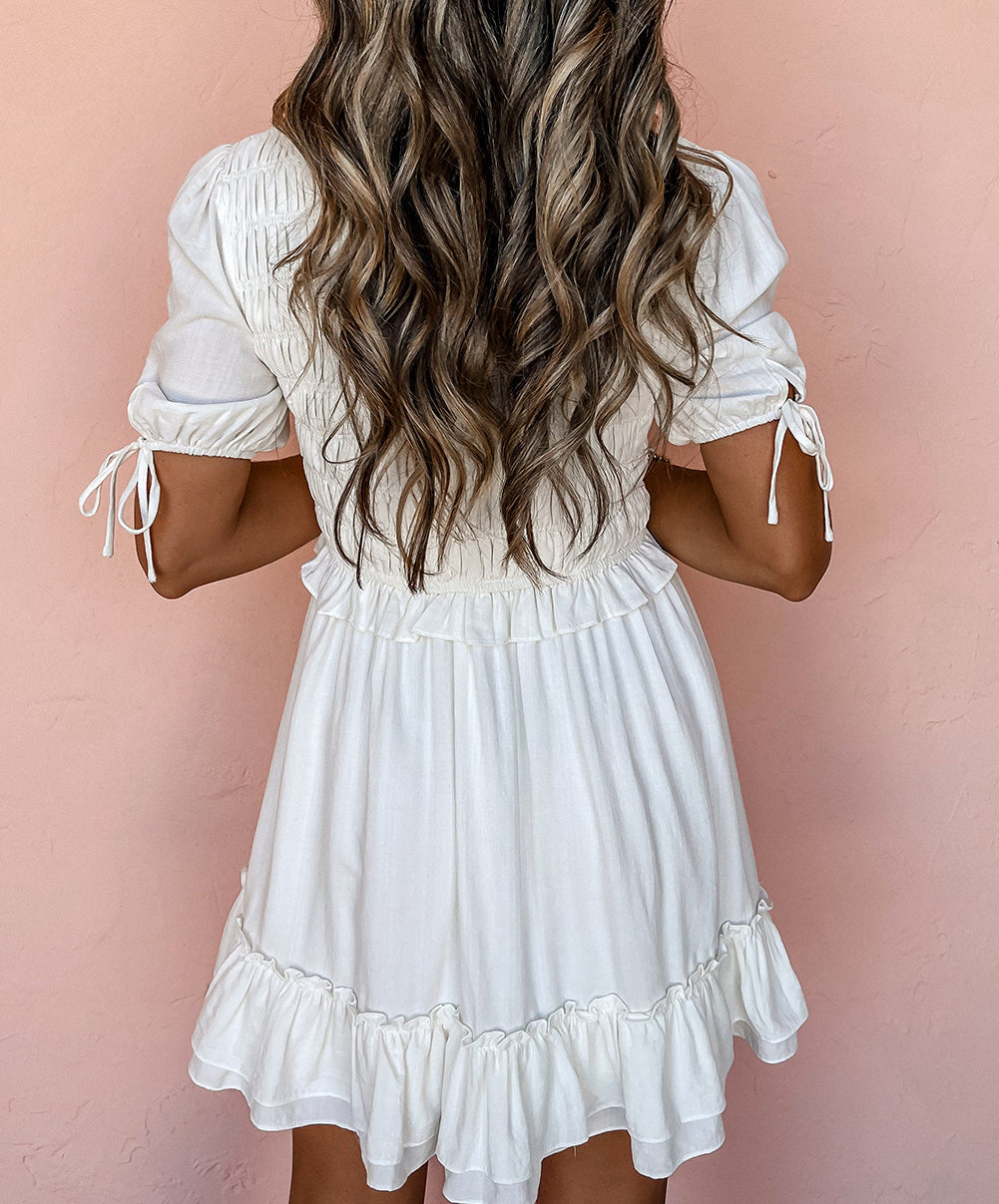 Tie Short Sleeves Smocked Ruffle Mini Dress