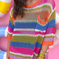 Stripe Colorblock Hollowed Crochet 3/4 Sleeve Sweater