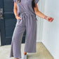 Solid Corded Knit Short Sleeve T Shirt and Wide Leg Pants Set