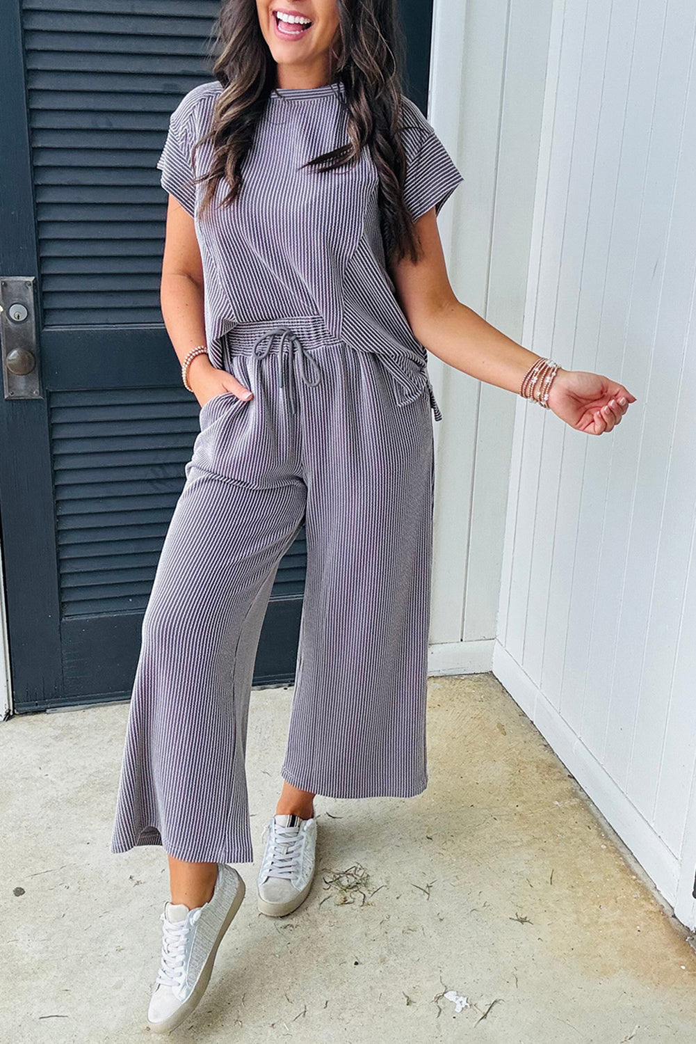 Solid Corded Knit Short Sleeve T Shirt and Wide Leg Pants Set