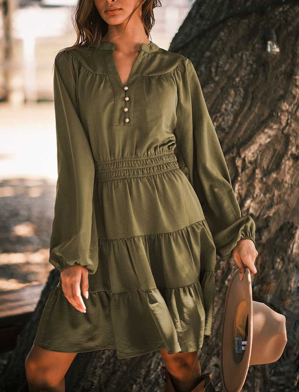 Split Neck Balloon Sleeve Tiered Ruffled Dress