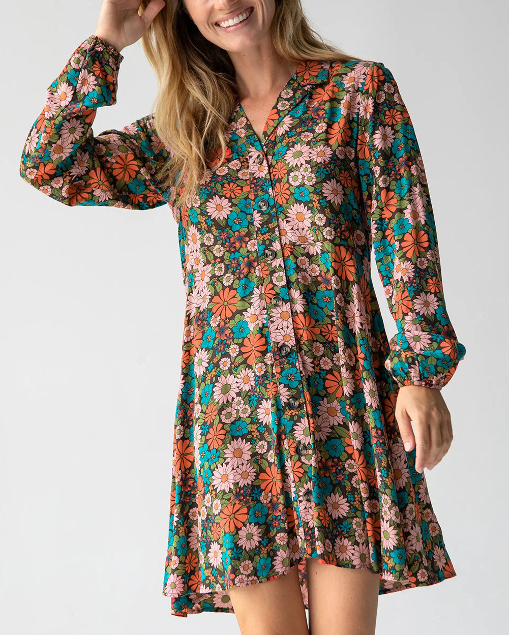 Vibrant Floral Print Lapel Collar Button Closure Shirt Dress