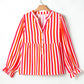 Stripe Balloon Sleeve Notched V Neck Buttoned Front Blouse