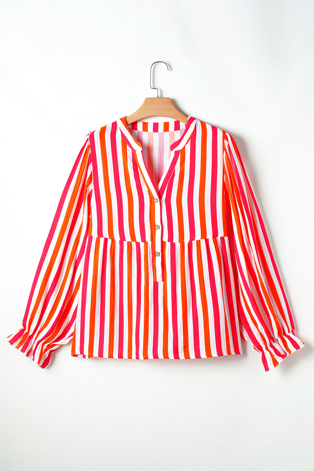 Stripe Balloon Sleeve Notched V Neck Buttoned Front Blouse