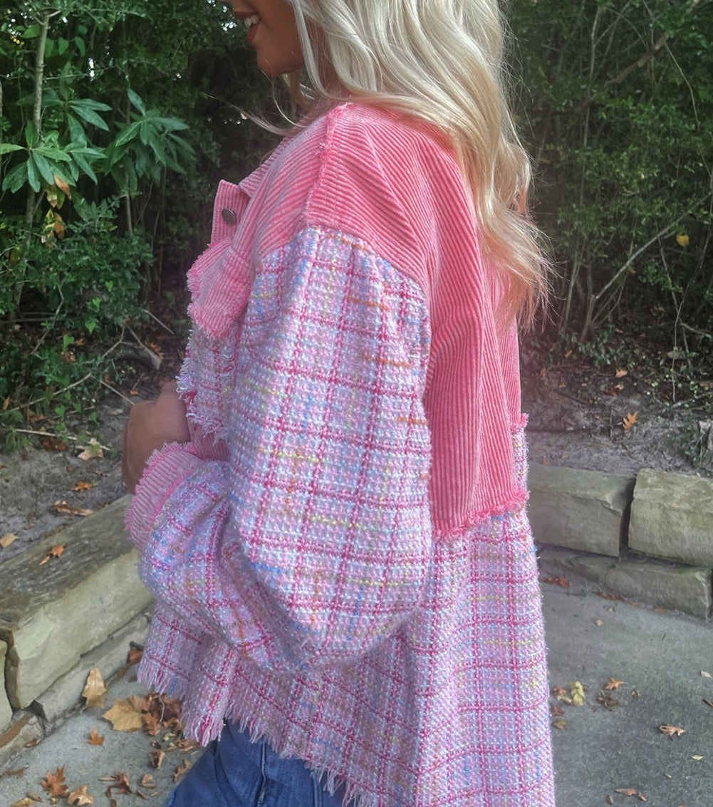 Frayed Tweed Plaid Patchwork Buttoned Jacket