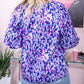 Plus Size Printed Round Neck Bubble Sleeve Blouse