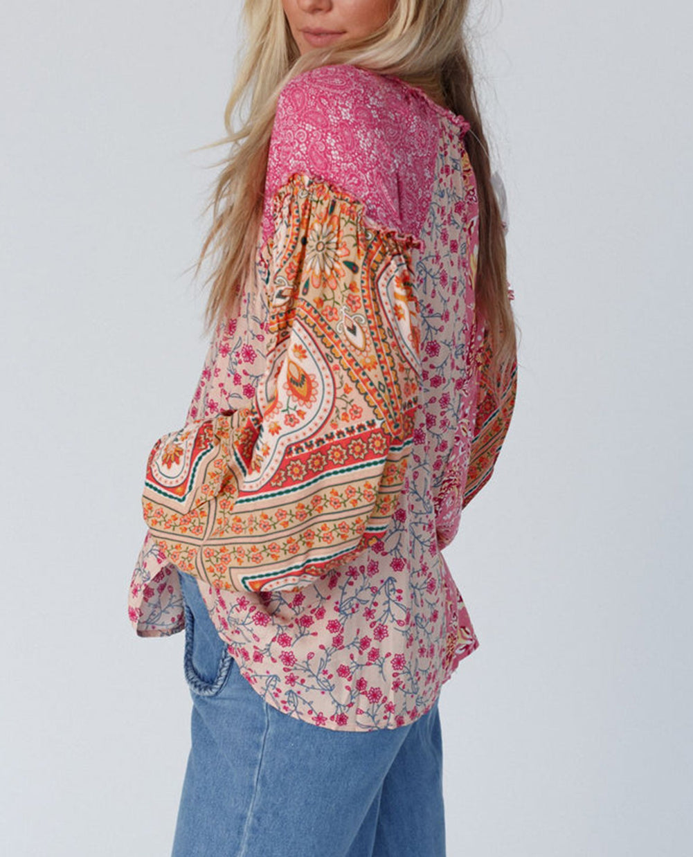 Mixed Floral Printed Puff Sleeve V-Neck Shirt