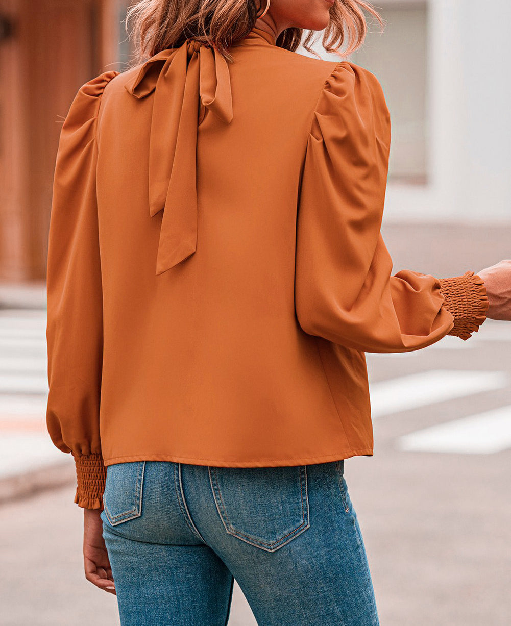 Long Bubble Sleeve Mock Neck Chiffon Blouse