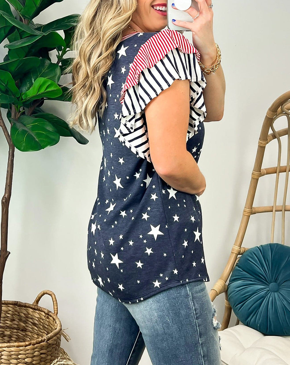 Striped Ruffled Sleeve Star Print T Shirt