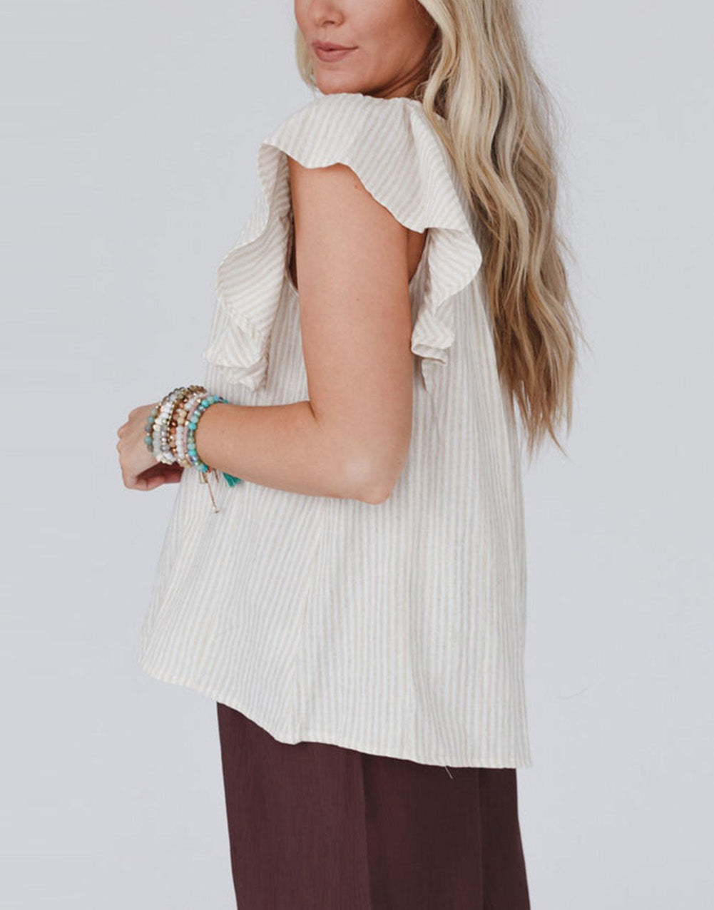 Apricot Stripe Ruffled Sleeve Embroidered Blouse
