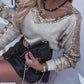 Sequin Patchwork V Neck Long Sleeve Top